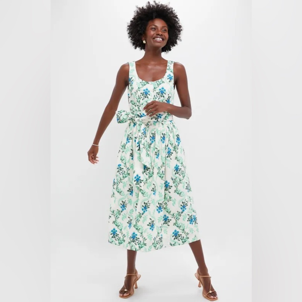 Tuckernuck Cerulean Vine Cotton Poplin Sophie Floral Tie-Waist Midi Dress EUC Md